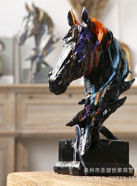 北欧创意艺术泼彩水转印马头摆件乔迁礼品轻奢客厅电视柜玄关装饰