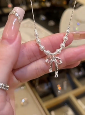 法式蝴蝶结珍珠项链女海边配裙子颈链配饰品轻奢高级感百搭锁骨链