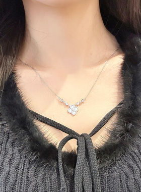 法式复古轻奢满钻粉贝母四叶草项链女小众设计精致甜美气质锁骨链