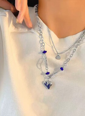 克莱因蓝爱心叠戴毛衣链女秋冬