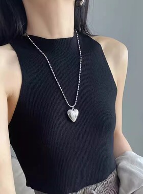 韩国车静媛同款钛钢不褪色爱心项链女款向日葵银色长款桃心毛衣链