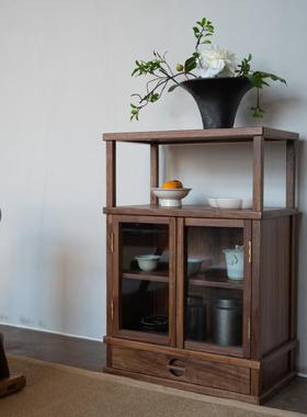 新中式飘窗阳台茶事柜黑胡桃木瓷器柜席地榻榻米储物柜收纳展示柜