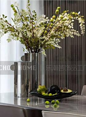 现代轻奢风餐桌摆件样板房餐厅摆设金属花器花艺镜面托盘烛台组合