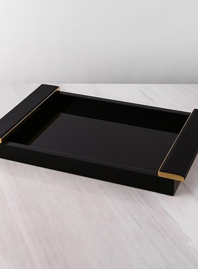 现代轻奢皮革玻璃托盘客q厅茶几办公室样板房杯具收纳装饰品摆件Q