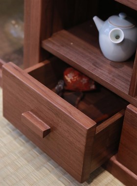 新中式榻榻米席地移门茶事柜橱柜黑胡P桃木柜实木茶边柜