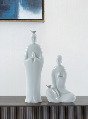 新中式侍女人物摆件禅意书房酒柜极简样板L房客厅卧室飘窗软装饰