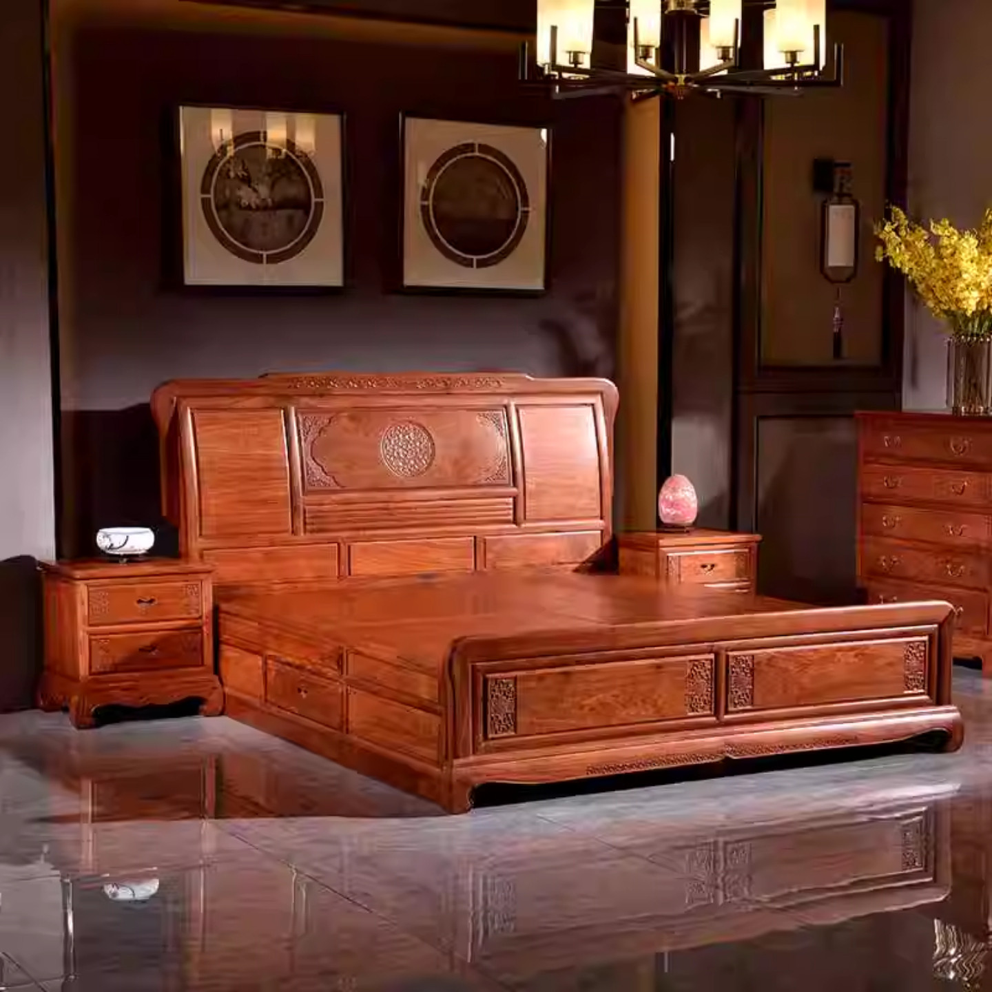 主卧高端大气缅甸花梨木新中式箱体红木双人大床大果紫檀原实木床,淘宝优惠券,粉丝福利购,淘宝优惠卷