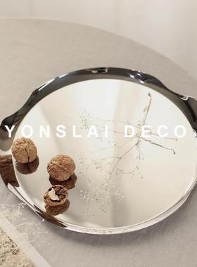 简约现代银色圆形不锈钢托盘摆件椭圆镜面金属样板间梳妆台收纳盘