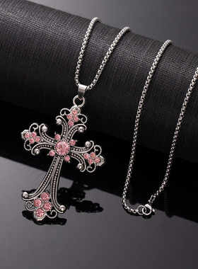 欧美镂空彩钻十字架项链