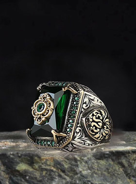 跨境热销镶钻方形古银戒指