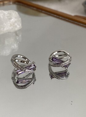 紫色锆石耳环轻奢小众设计高级感冷淡风耳钉时尚气质小巧精致耳饰
