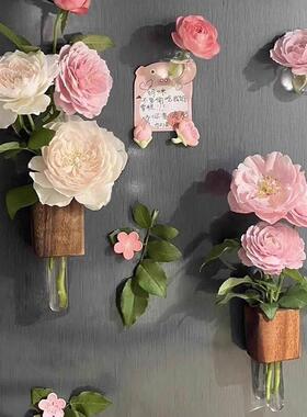 实木创意插花器冰箱贴磁铁磁吸装饰立体种花养花玻璃试管花瓶个性