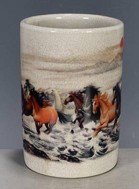 仿大清代光绪年制粉彩开片八骏图笔筒摆件 古玩古董瓷器收藏