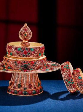 尼泊尔掐丝曼扎盘手工镶嵌宝石藏式曼茶罗曼达盘带托盘全套铜10cm