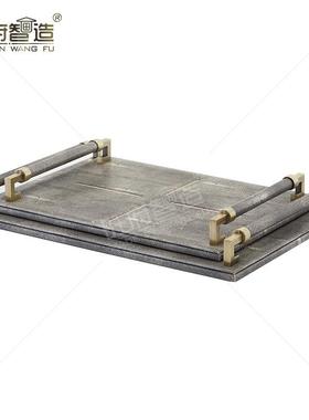 新中式实木烤漆皮革轻奢简约样板房酒店会所家用创意摆件装饰托盘