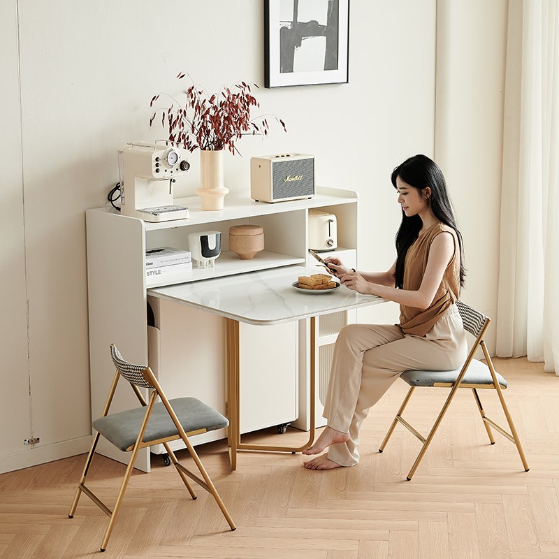 轻奢岩板折叠餐桌一体多功能酒柜A小户型家用可伸缩长方形吃饭桌 - 图0