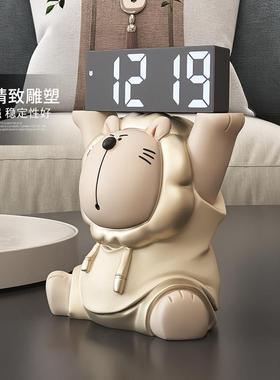 奶油风熊智能电子时钟客厅玄关卧室床头钟表摆件摆放式电子钟闹钟