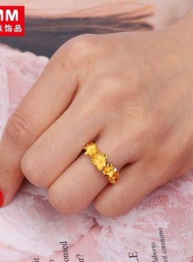 沙金戒指女钢印2024新款开口可调结花朵越南合金镀金仿真黄金饰品