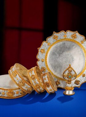 尼泊尔供具曼扎盘铜鎏金鎏银手工曼扎藏式供曼茶罗大号曼茶盘15cm