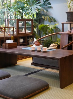 新中式实木长炕h桌北美黑胡桃榻榻米茶几飘窗茶室矮茶桌禅意茶台