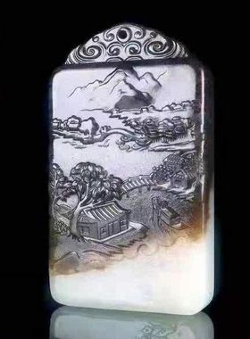 新疆和田玉羊脂玉佛祖观音挂件糖白玉观音菩萨青花玉意境山水吊坠