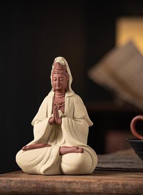 新中式陶瓷观音禅意摆件灯圈观世音菩萨家用客厅玄关南海观音佛像