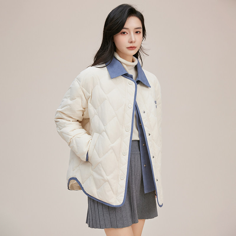 鸭鸭轻薄羽绒服女官方2025年冬季新款宽松大码时尚撞色高级感外套