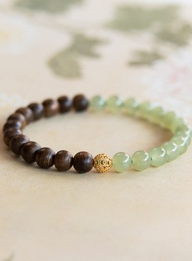 丝艺 文莱沉香手串女天然和田青白玉转运珠木制玉石半山半水手链