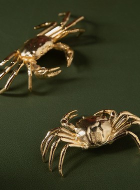 铜螃蟹摆件公母一对沙金钱蟹八方来财客厅桌面茶宠V手把件装饰礼