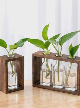 水培植物木架家居办公室s桌面水养植物插花摆件大开口木框玻璃花