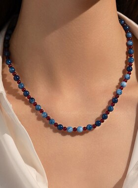 蓝色天然石串珠项链2025新款轻奢小众高级感气质大气颈链锁骨链