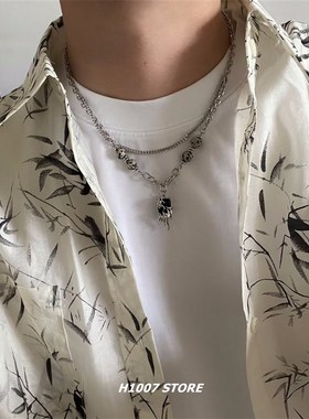 火焰宝石串珠项链男款暗黑嘻哈风小众设计感女生锁骨链毛衣链饰品