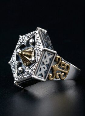 复古泰银戒指男士潮个性五边形欧美戒指单身嘻哈食指开口戒子指环