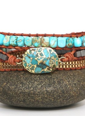 2023欧美外贸 m复古金线松链条手链 男女串珠天然石编织手链