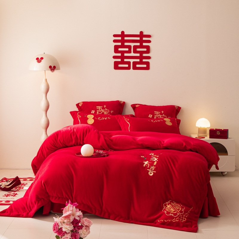 婚庆牛奶绒四件套秋冬加厚珊瑚绒床单被罩K大红色结婚喜被套件 - 图2