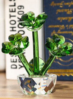 幸运草水晶摆件简约桌面汽车摆件卧室书桌L清新创意新中式软装饰