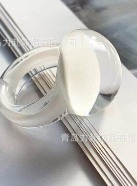 半圆弧形立体玻璃戒指白色穿搭时尚指环琉璃多色食指环透明戒