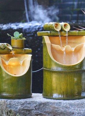 竹子工艺品循环水喷泉小型水车转轮流水器景观办公室桌面装饰摆件