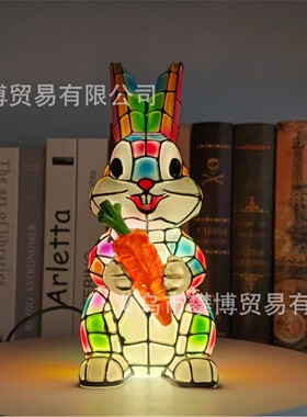 跨境爆品可爱的马赛克3D立体彩色树脂兔子台灯抱胡萝卜
