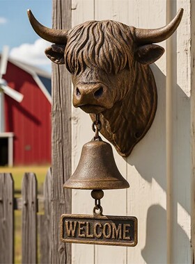 跨境新款Handmade Highland Cow Welcome Bell高地牛迎宾铃壁钟