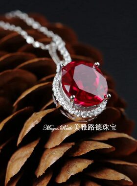 红宝石刚玉吊坠项链气质复古鸽子蛋925纯银镀金 碧玺女送母亲礼物