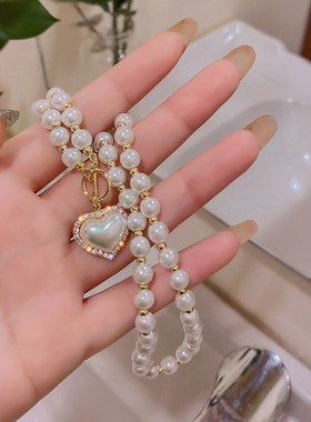 微镶珍珠爱心项链j简约名媛珍珠气质闪钻爱心颈链女个性项圈锁骨