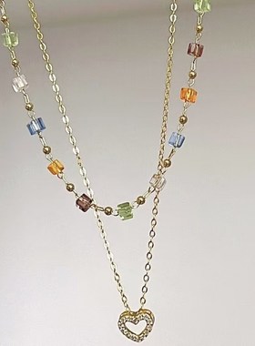 轻奢简约彩色爱心水晶叠戴项链女锁骨链甜美小R众设计高级感颈链