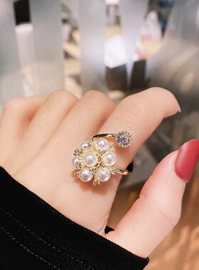 个性网红花朵珍珠戒指超仙铜微镶锆石开口指环女S时尚设计气质优
