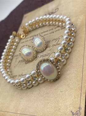 青岛饰品复c古马贝珍珠项链耳钉耳夹赫本风优雅旗袍颈链锁骨链套