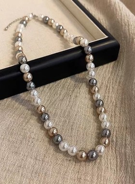 NK-129灰白粉混色玻璃珍珠项链轻奢女新款颈O链锁骨链网红饰品挂