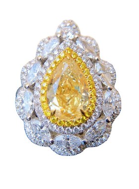 抖音直播彩宝饰品 新款奢华群镶阿斯切黄R钻水滴梨形戒指开口