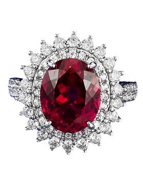 珠宝欧美跨境S9m25银鸽血红仿真钻8*10椭圆戒指环群镶花簇婚戒