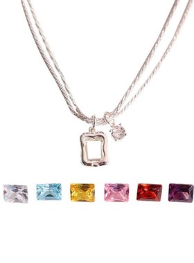 可换6种彩色宝h石双层项链方钻璀璨个性显瘦锁骨链多巴胺项链饰品