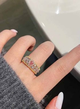 珠宝新款S925银粉钻3*5mm梨形电分金戒指S日常时尚简约款女